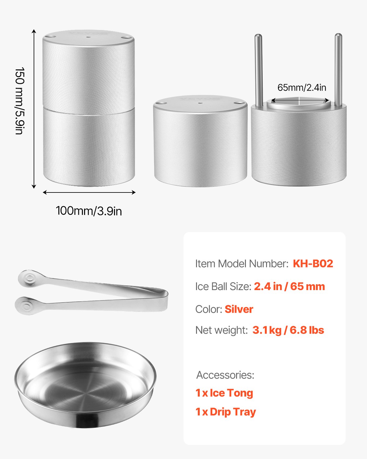 VEVOR Ice Press Ice Ball Maker Set 65 mm Ice Ball IJsblokvorm Gemaakt van luchtvaartaluminium met tang en lekbak, Diamond Ice Ball Maker voor Whisky Cocktail Bourbon Scotch op Feesten en op Vakantie