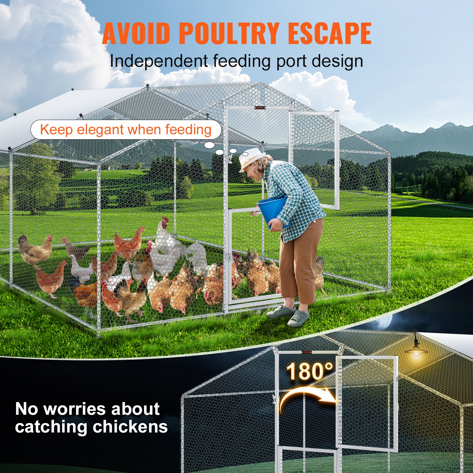 VEVOR Metal Chicken Coop, 13.1 x 9.8 x 6.6 ft Large Chicken Run, Peaked Roof Outdoor Walk-in Poultry Pen Cage for Farm or Backyard, with Water-proof Cover and Protection Mesh, for Hen, Duck, Rabbit