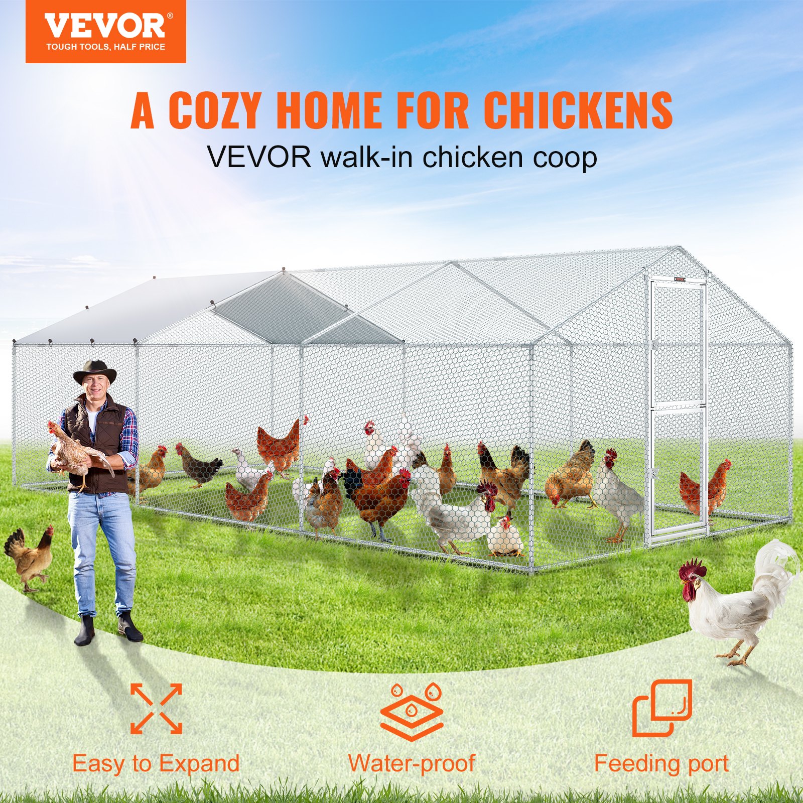 VEVOR chicken coop 6x3x2m chicken house steel frame PE tarpaulin outdoor enclosure 67.5x170cm door size small animal enclosure chicken cage small animal coop poultry house ideal for chickens ducks geese rabbits