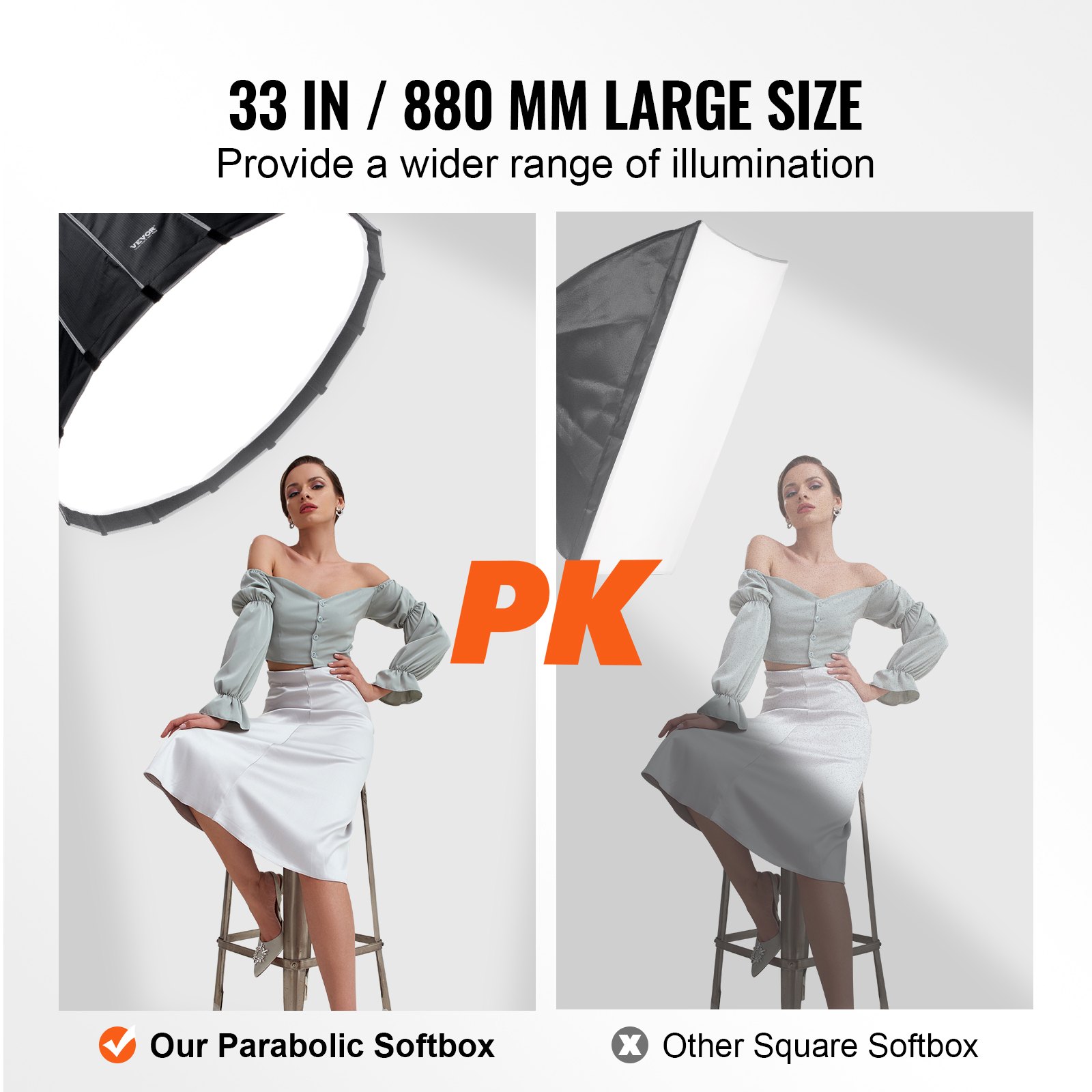 VEVOR Parabolic Softbox, 33 in / 850 mm, Quick Release and Quick Fold, Lightweight and Portable, Universal Bowens Mount, 4 Lighting Effects, Fits for Professionoal Photography, Daily Filming