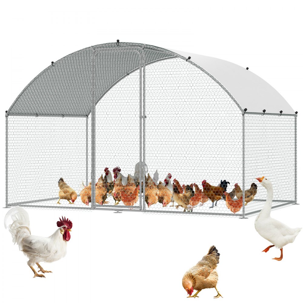 VEVOR chicken coop with chickens and a goose inside a wire mesh structure with an arched roof.