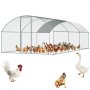 VEVOR chicken coop with multiple chickens inside a wire mesh enclosure, plus a rooster and goose nearby.