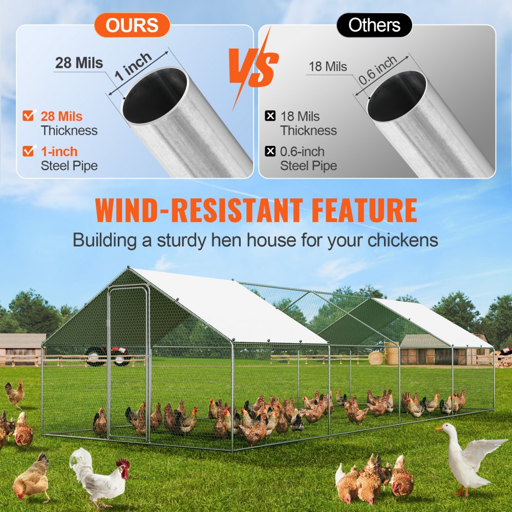 VEVOR Large Metal Chicken Coop with Run, 9.8x25.6x6.5 ft Walk-in Chicken Runs for Yard with Cover, Spire Roof Hen House with Security Lock for Outdoor and Backyard, Farm, Duck Rabbit Cage Poultry Pen