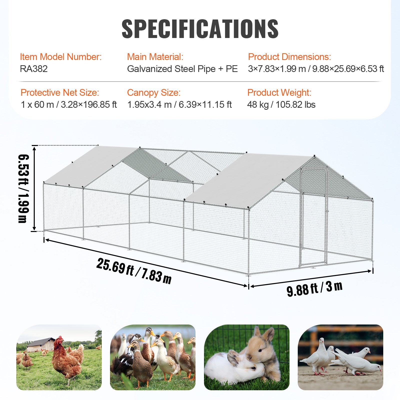 VEVOR Large Metal Chicken Coop with Run, 9.8x25.6x6.5 ft Walk-in Chicken Runs for Yard with Cover, Spire Roof Hen House with Security Lock for Outdoor and Backyard, Farm, Duck Rabbit Cage Poultry Pen