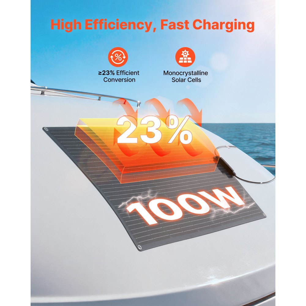 VEVOR Monokristallijn Zonnepaneel, 100W Semi-Flexibel Zonnepaneel, Off-Grid Lader met MC4-uitgang, IP67 Waterdicht, Balkon Power Plant voor Boten, Campers, Auto's, Hutten & Gebogen Oppervlakten