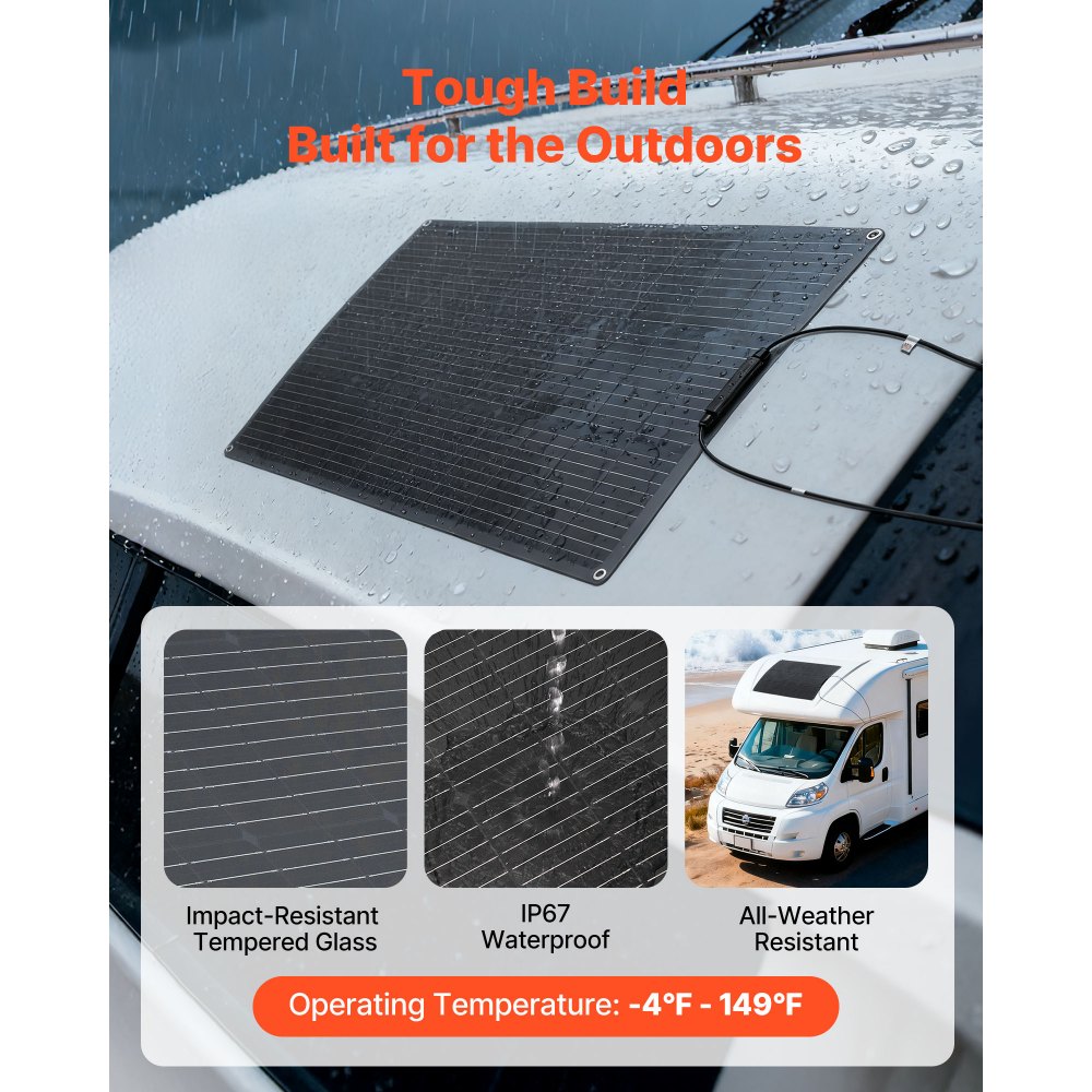 VEVOR Monokristallijn Zonnepaneel, 100W Semi-Flexibel Zonnepaneel, Off-Grid Lader met MC4-uitgang, IP67 Waterdicht, Balkon Power Plant voor Boten, Campers, Auto's, Hutten & Gebogen Oppervlakten