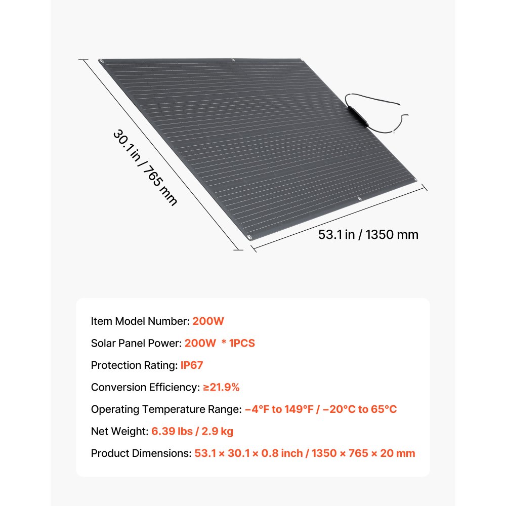 VEVOR semi-flexibel zonnepaneel 200W, monokristallijn zonnepaneel, off-grid mono-lader met MC4-uitgang, IP67 waterdicht voor boten, campers, auto's, hutten en gebogen oppervlakken