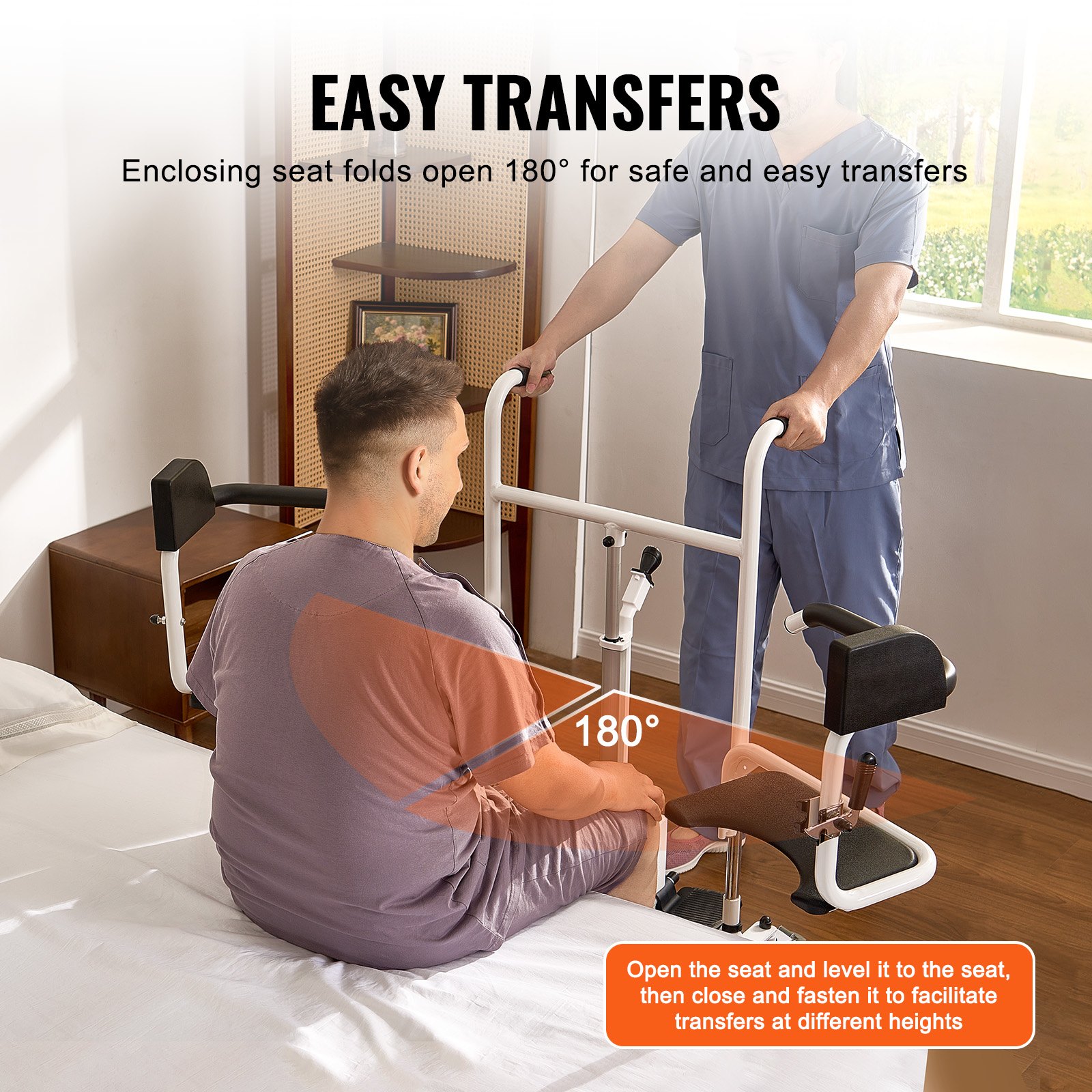 VEVOR Electric Patient Lift Transfer Chair, One-Button Electric Lift Wheelchair with 180° Split Seat & Bedpan, Bathroom Bedside Commode Chair with Locking Swivel Casters for Seniors Disabled, 220LBS