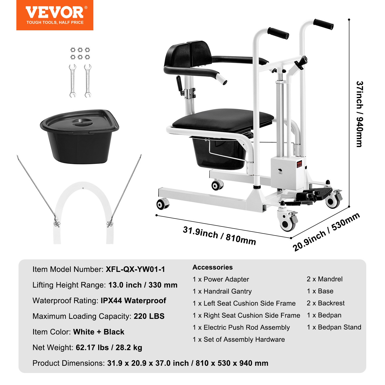 VEVOR Electric Patient Lift Transfer Chair, One-Button Electric Lift Wheelchair with 180° Split Seat & Bedpan, Bathroom Bedside Commode Chair with Locking Swivel Casters for Seniors Disabled, 220LBS