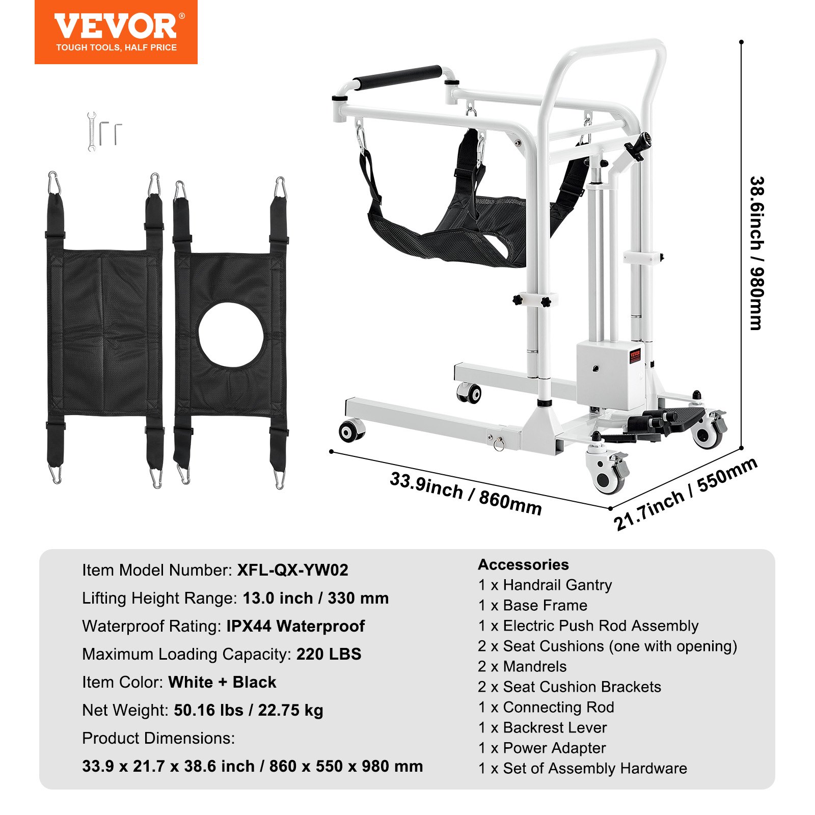 VEVOR Electric Patient Lift Transfer Chair, Quick-Folding Patient Lift Wheelchair with Adjustable Height, Bedside Commode Toilet Chair with Wheels & 2 Seat Cushion for Senior Disabled, 220LBS Capacity