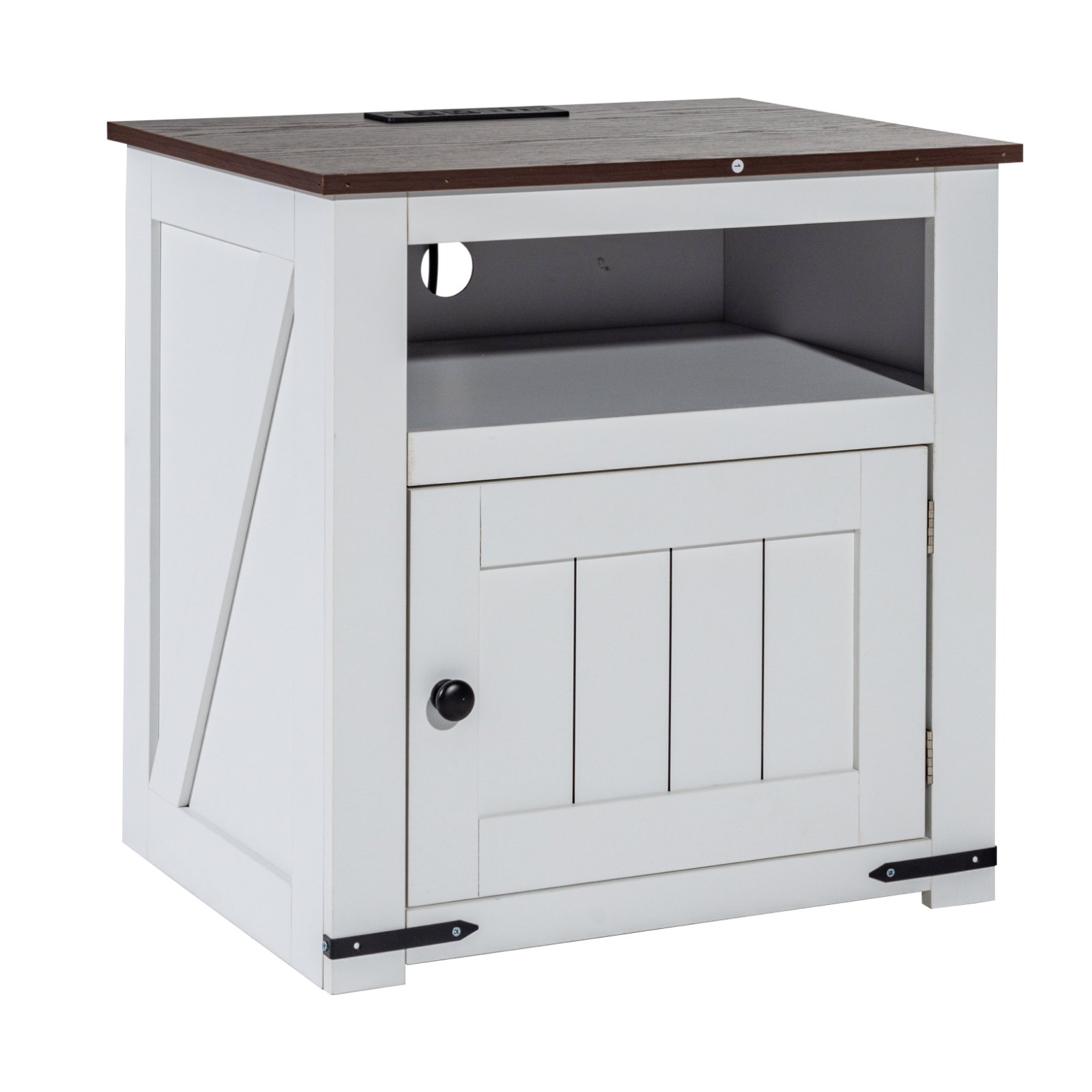 VEVOR Farmhouse End Table, Square Night Stand with USB Ports and Outlets, 3 Tiers End Table Side Table with Storage Cabinet, Ideal for Living Room, Bedroom, Office, White