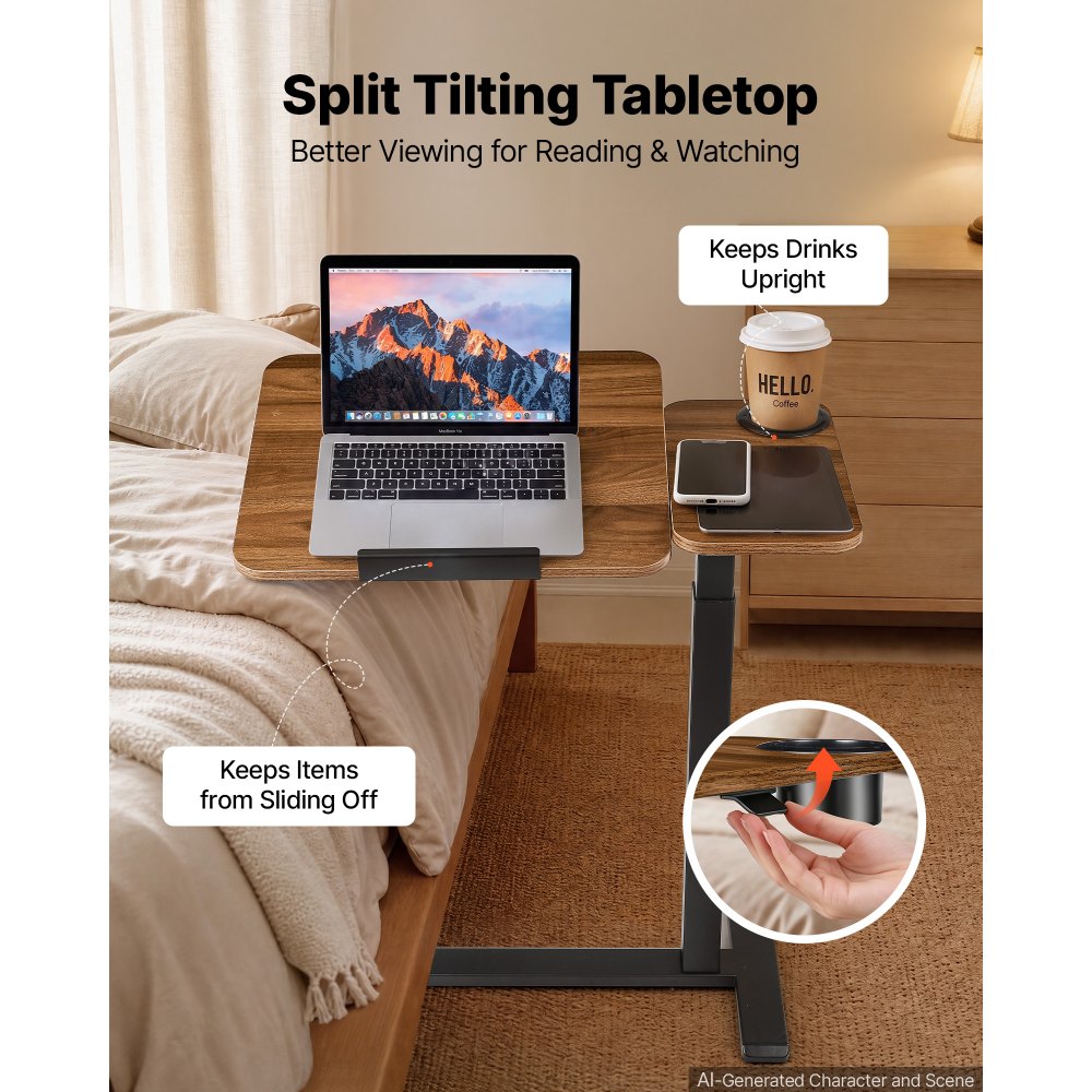 VEVOR bijzettafel 700x400 mm laptoptafel nachtkastje banktafel staand bureau, voor thuiswerkplek, in hoogte verstelbaar van 680 tot 1080 mm, bijzettafel met wielen, kantelbaar tafelblad en bekerhouder, bruin