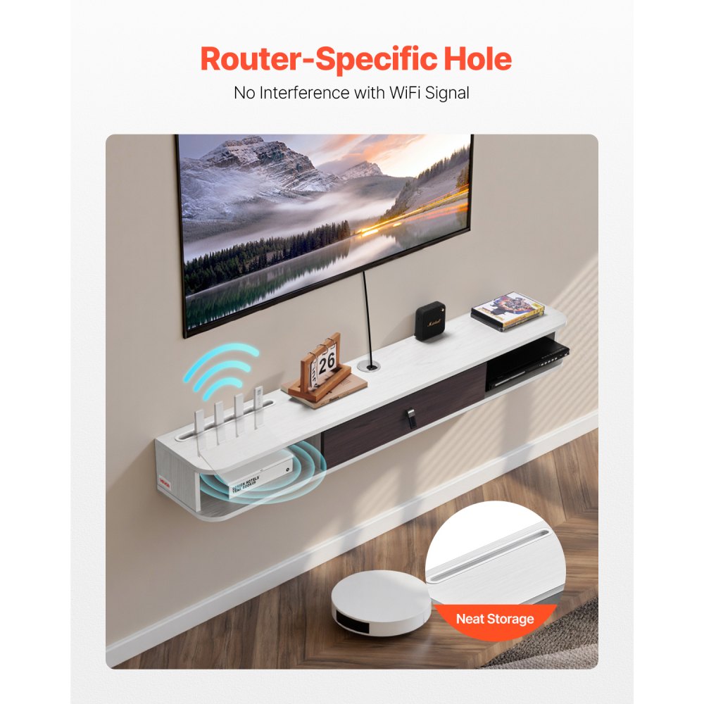 VEVOR TV-meubel Hangende Muurbeugel, TV-meubel met Kabelgat, Zwevende TV-plank met Opbergruimte voor DVD-speler Kabelbox Gameconsole, Wandkast Draagvermogen 52 kg Wit 140 cm Lengte