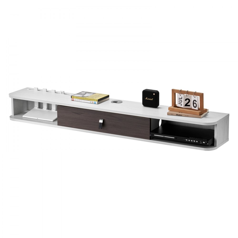 VEVOR TV-meubel Hangende Muurbeugel, TV-meubel met Kabelgat, Zwevende TV-plank met Opbergruimte voor DVD-speler Kabelbox Gameconsole, Wandkast Draagvermogen 52 kg Wit 140 cm Lengte