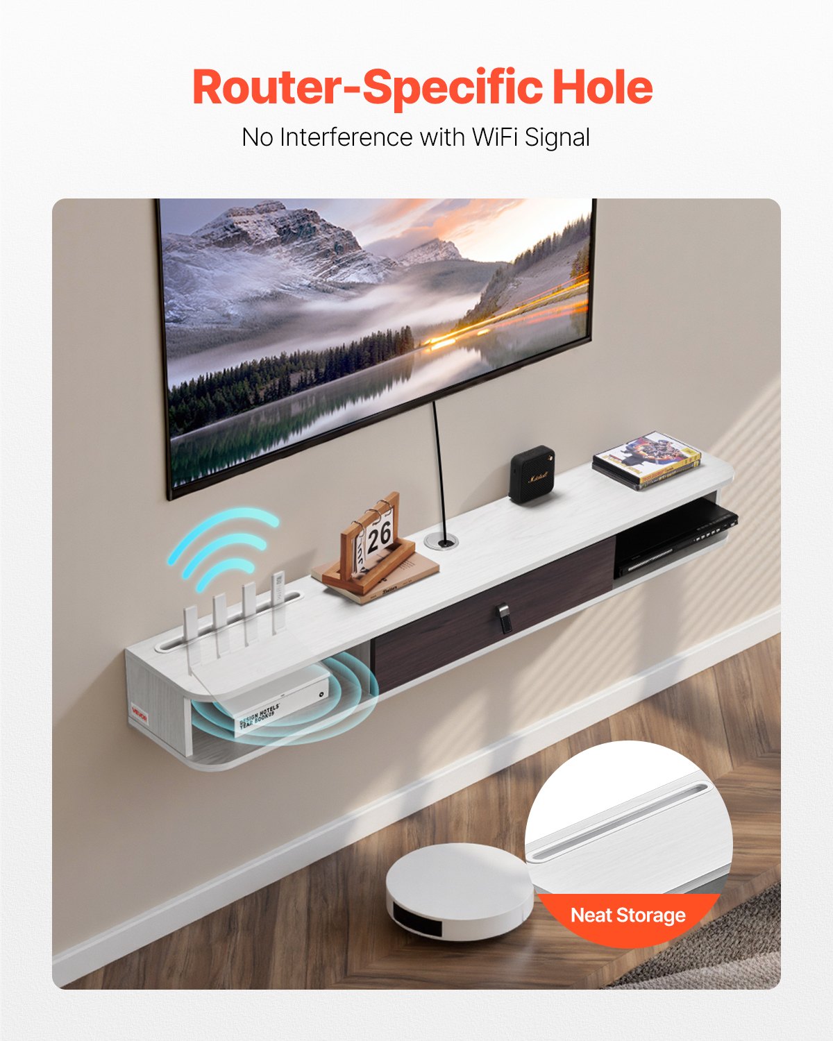 VEVOR TV-meubel Hangende Muurbeugel, TV-meubel met Kabelgat, Zwevende TV-plank met Opbergruimte voor DVD-speler Kabelbox Gameconsole, Wandkast Draagvermogen 52 kg Wit 140 cm Lengte