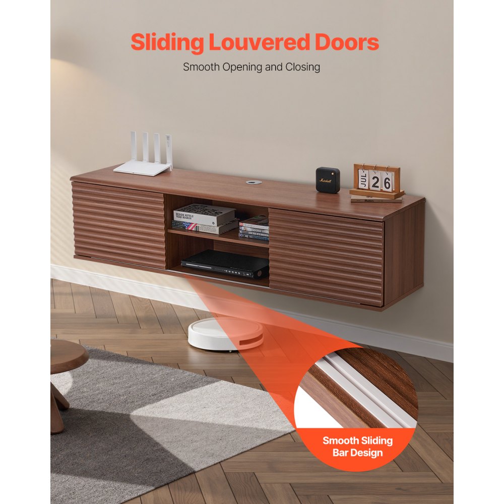 VEVOR TV-kast hangende muurbeugel, TV-kast met verstelbare plank en schuifdeuren, TV-plank met opbergruimte voor dvd-speler en gameconsole, wandkast, draagvermogen 52 kg, wit, lengte 152 cm