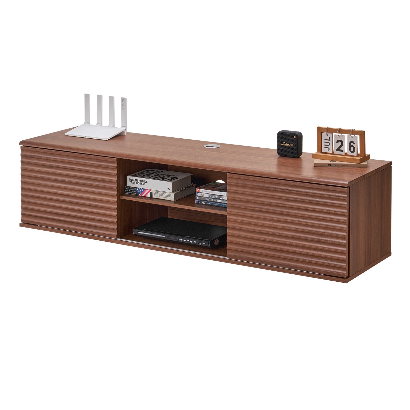 VEVOR TV-kast hangende muurbeugel, TV-kast met verstelbare plank en schuifdeuren, TV-plank met opbergruimte voor dvd-speler en gameconsole, wandkast, draagvermogen 52 kg, wit, lengte 152 cm