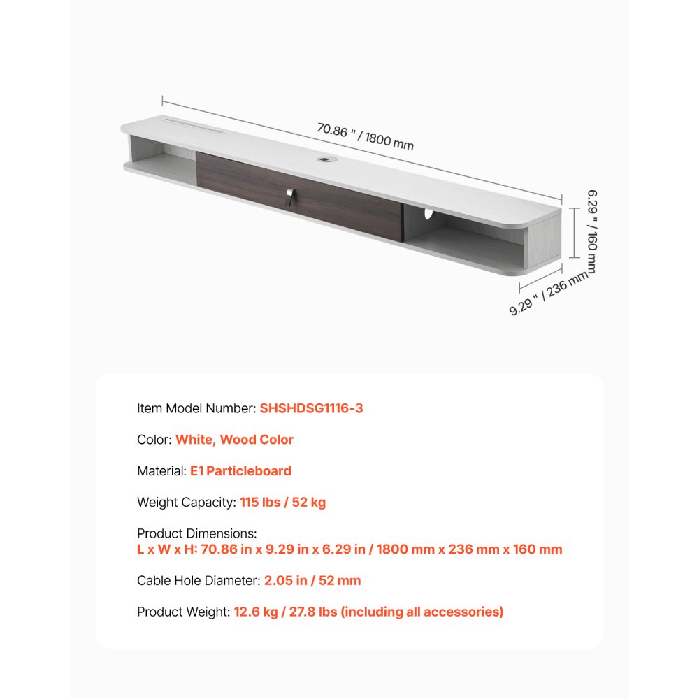 VEVOR Floating TV Stand, 70 in Wall Mount Entertainment Center with Cable Hole, Modern Floating TV Shelf with Storage Cabinet, Particle Board Console for DVD Player, Cable Box, Game Console, White