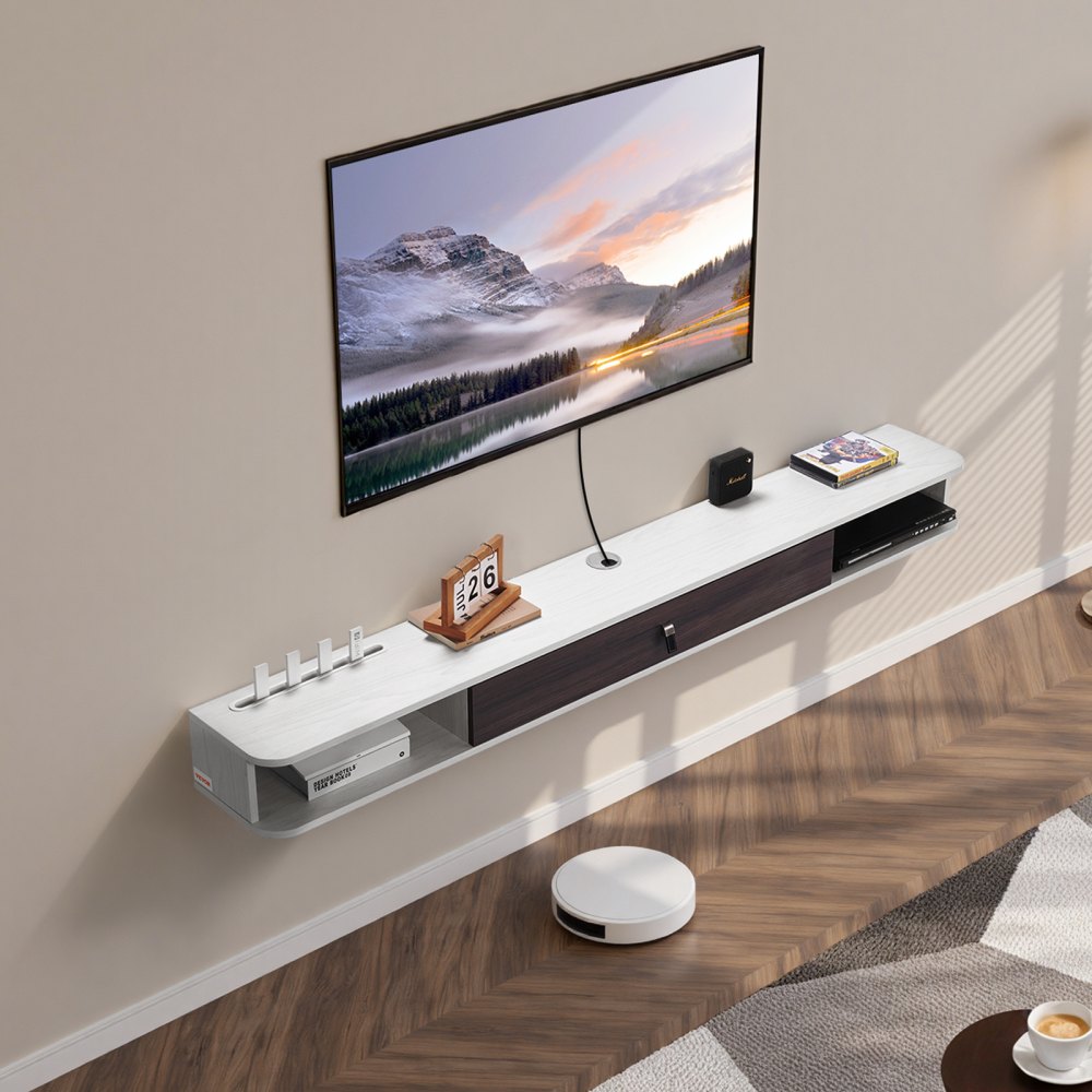 VEVOR Floating TV Stand, 70 in Wall Mount Entertainment Center with Cable Hole, Modern Floating TV Shelf with Storage Cabinet, Particle Board Console for DVD Player, Cable Box, Game Console, White