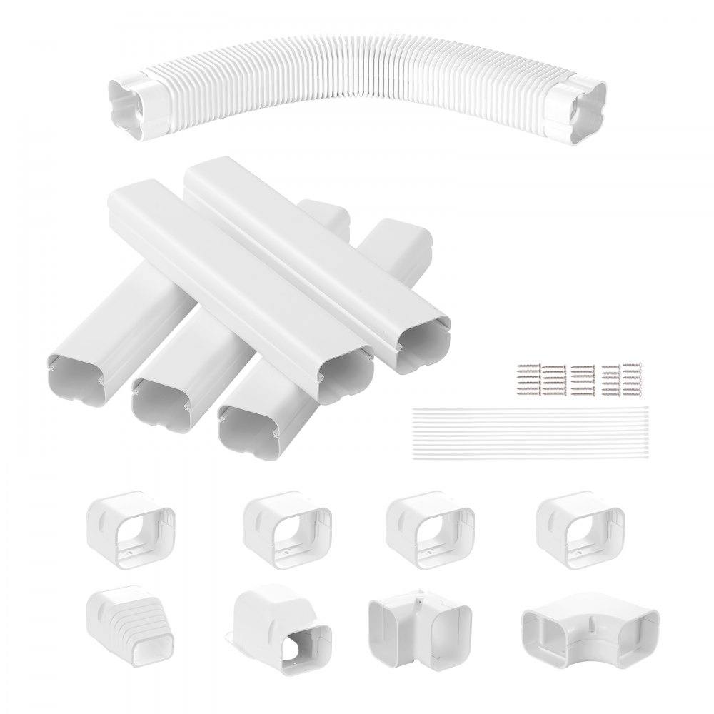 VEVOR Mini Split Line Set Cover 76.2mm W 3110mm L, PVC Decorative Pipe Line Cover For Air Conditioner with 5 Straight Ducts & Full Components Easy to Install, Paintable for Heat Pumps, White