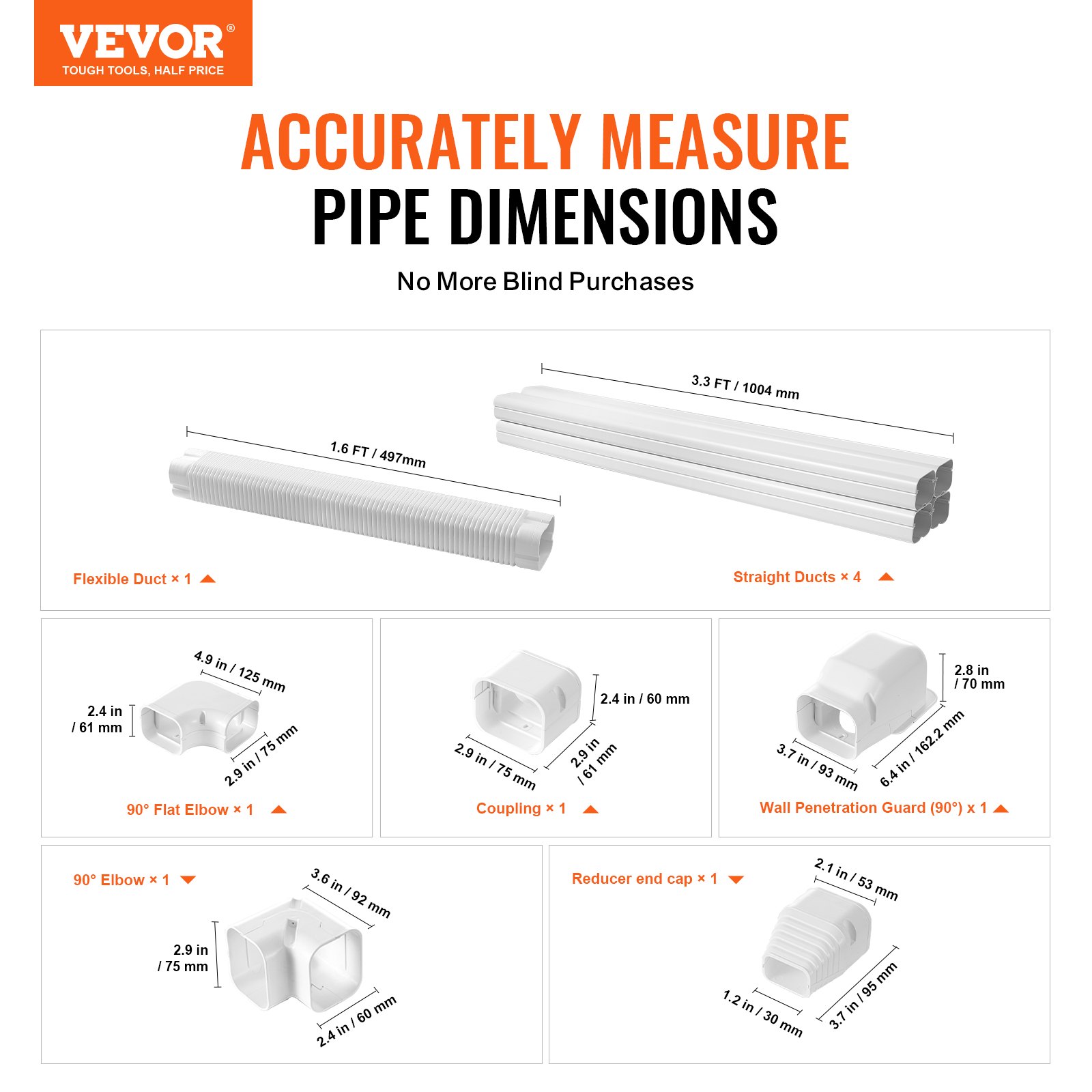 VEVOR Mini Split Line Kit Afdekking 76,2 mm B 4830 mm L, Decoratieve PVC Airconditioner Buisafdekking met 4 Rechte Kanalen en Complete Componenten, Overschilderbaar voor Warmtepompen, Wit
