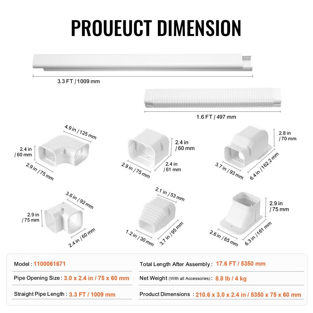 VEVOR Mini Split Line Kit Afdekking 76,2 mm B 5350 mm L, Decoratieve PVC Airconditioner Buisafdekking met 4 Rechte Kanalen en Complete Componenten, Overschilderbaar voor Warmtepompen, Wit