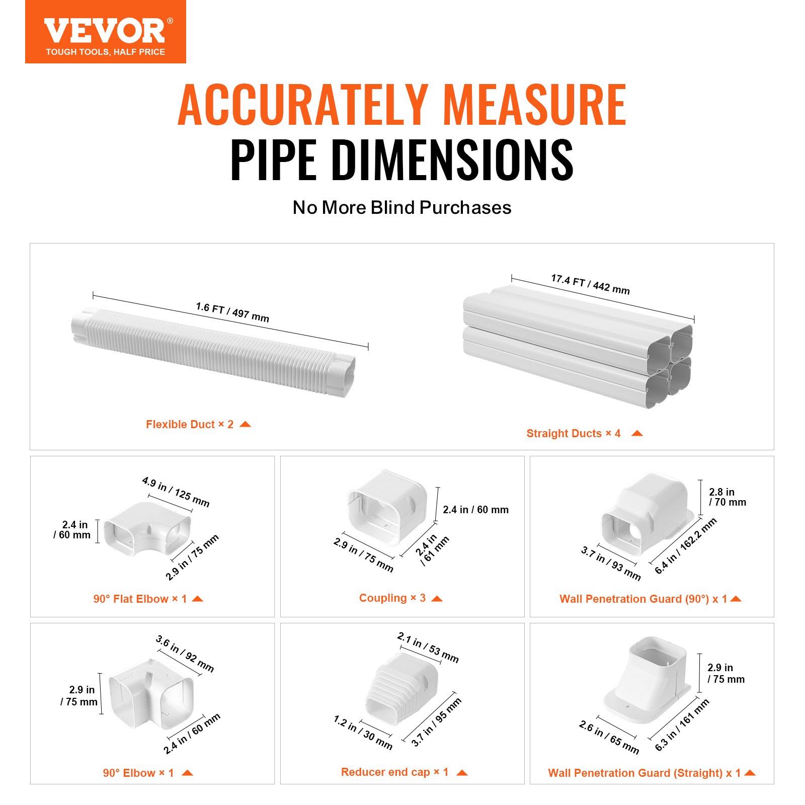 VEVOR Mini Split Line Kit Afdekking 76,2 mm B 5350 mm L, Decoratieve PVC Airconditioner Buisafdekking met 4 Rechte Kanalen en Complete Componenten, Overschilderbaar voor Warmtepompen, Wit