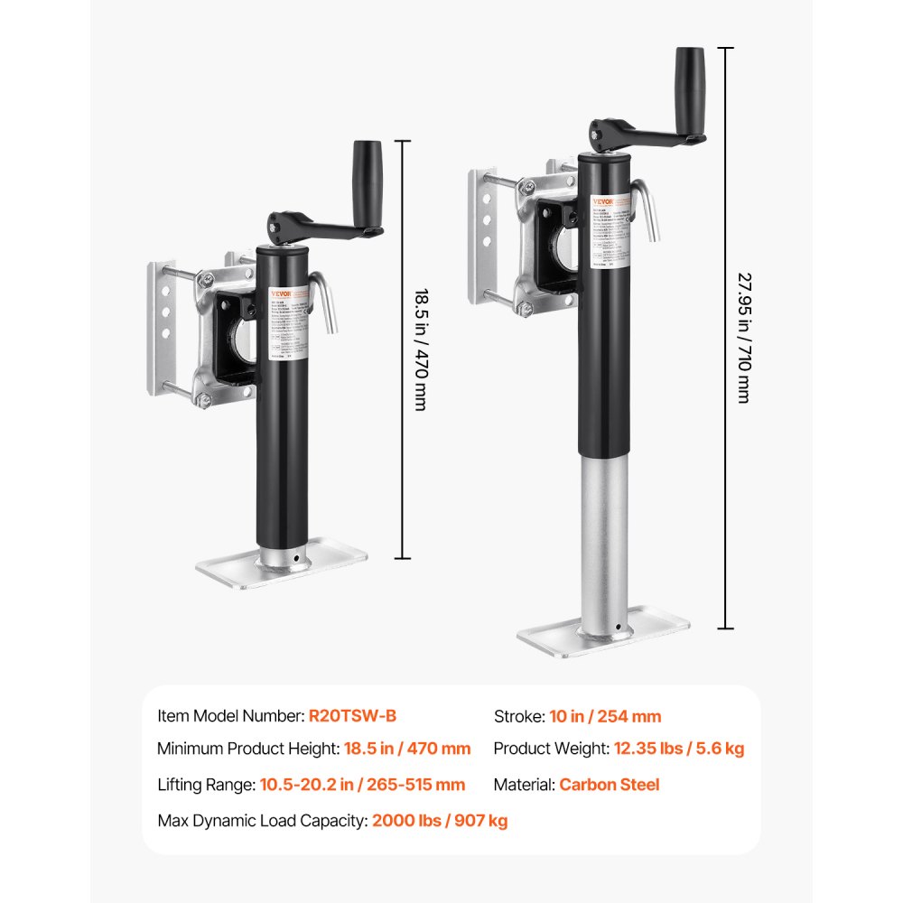 VEVOR Trailer Jack, 907 kg dynamisch draagvermogen, robuuste draaibare krikstandaard, 265-515 mm krikstandaard met handgreep voor caravantrailers, paardentrailers, aanhangwagens en jachttrailers