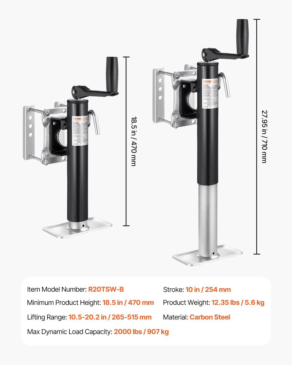 VEVOR Trailer Jack, 907 kg dynamisch draagvermogen, robuuste draaibare krikstandaard, 265-515 mm krikstandaard met handgreep voor caravantrailers, paardentrailers, aanhangwagens en jachttrailers