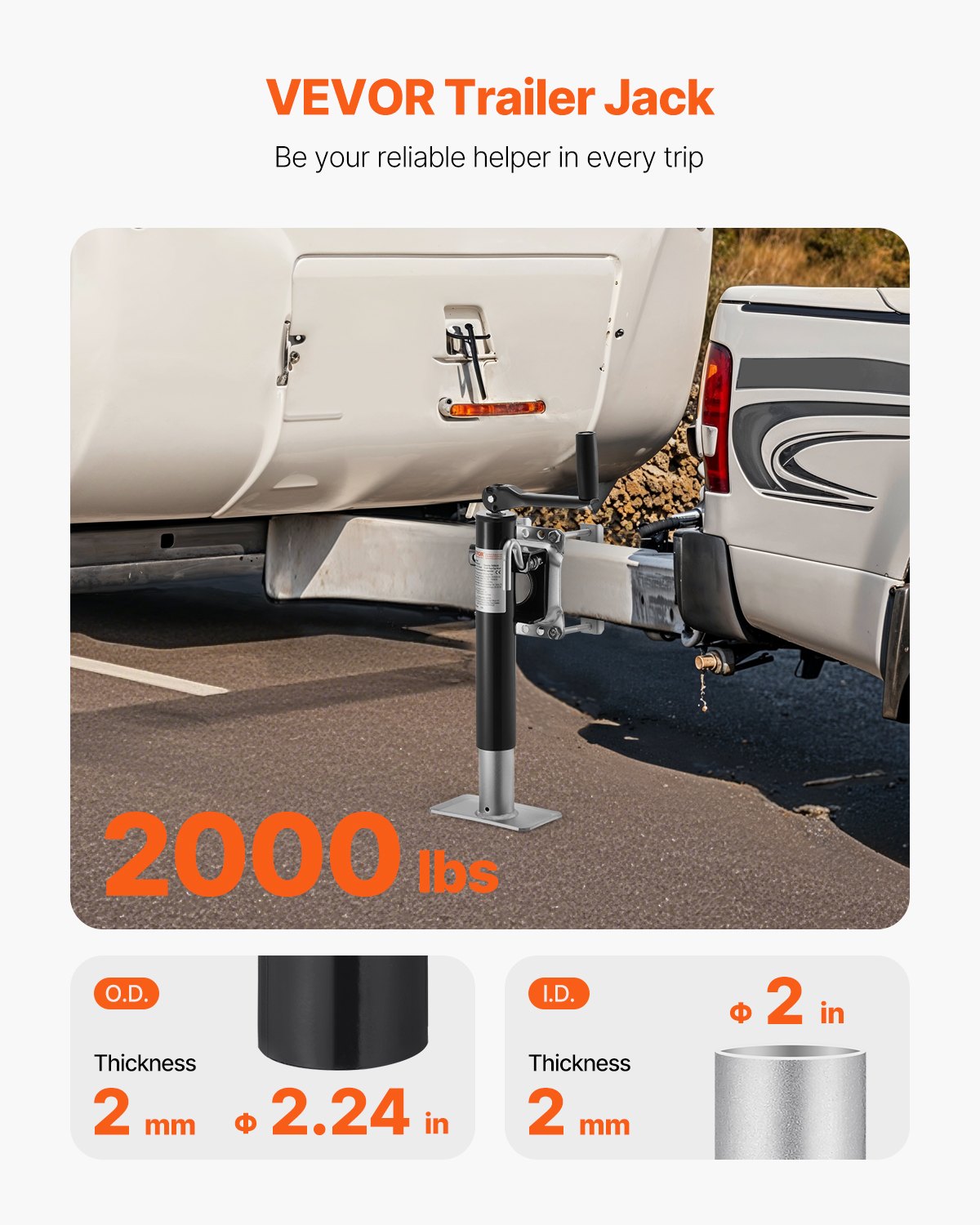 VEVOR Trailer Jack, 907 kg dynamisch draagvermogen, robuuste draaibare krikstandaard, 265-515 mm krikstandaard met handgreep voor caravantrailers, paardentrailers, aanhangwagens en jachttrailers
