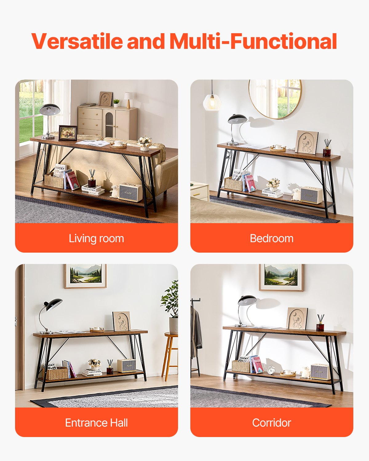 VEVOR smalle consoletafel entreetafel (lengte 180 cm / draagvermogen 45,3 kg), 2-laags haltafel bijzettafel banktafel met metalen frame, voor entree, hal woonkamer slaapkamer