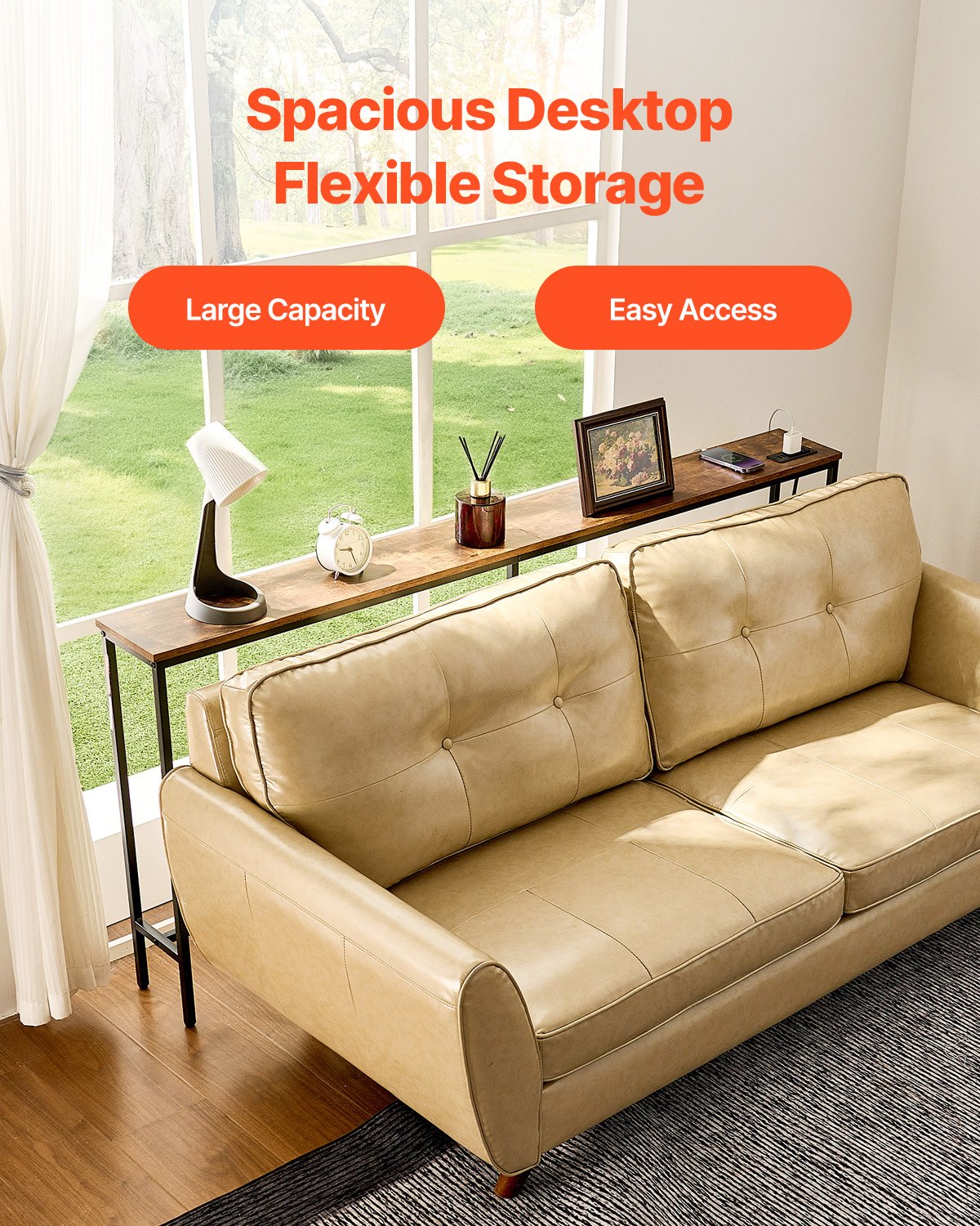 VEVOR Narrow Console Sofa Table, 70.9” Behind Couch Table with Power Outlets, 1-Tier Long Entryway Table, Narrow Sofa Table with Metal Frame and Charge Station, for Entryway, Hallway, Living Room