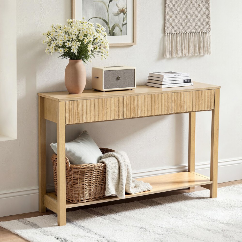 VEVOR Consoletafel/bijzettafel met lades en opbergvak, smalle rechthoekige entreetafel gemaakt van MDF + spaanplaat voor hal, slaapkamer, woonkamer, entree, gangtafel 120 x 30 x 80 cm Natuurlijk hout