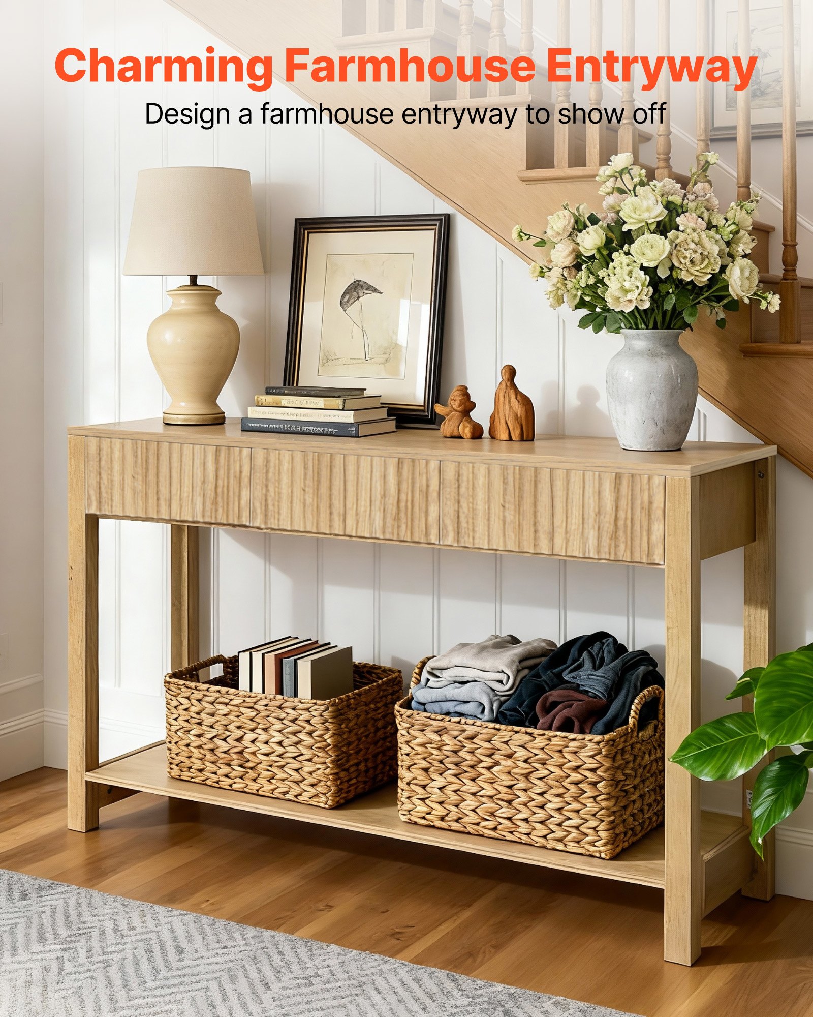 VEVOR Consoletafel/bijzettafel met lades en opbergvak, smalle rechthoekige entreetafel gemaakt van MDF + spaanplaat voor hal, slaapkamer, woonkamer, entree, gangtafel 120 x 30 x 80 cm Natuurlijk hout