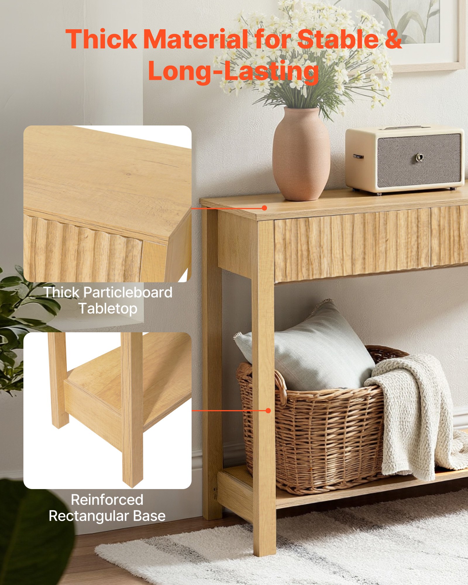 VEVOR Consoletafel/bijzettafel met lades en opbergvak, smalle rechthoekige entreetafel gemaakt van MDF + spaanplaat voor hal, slaapkamer, woonkamer, entree, gangtafel 120 x 30 x 80 cm Natuurlijk hout