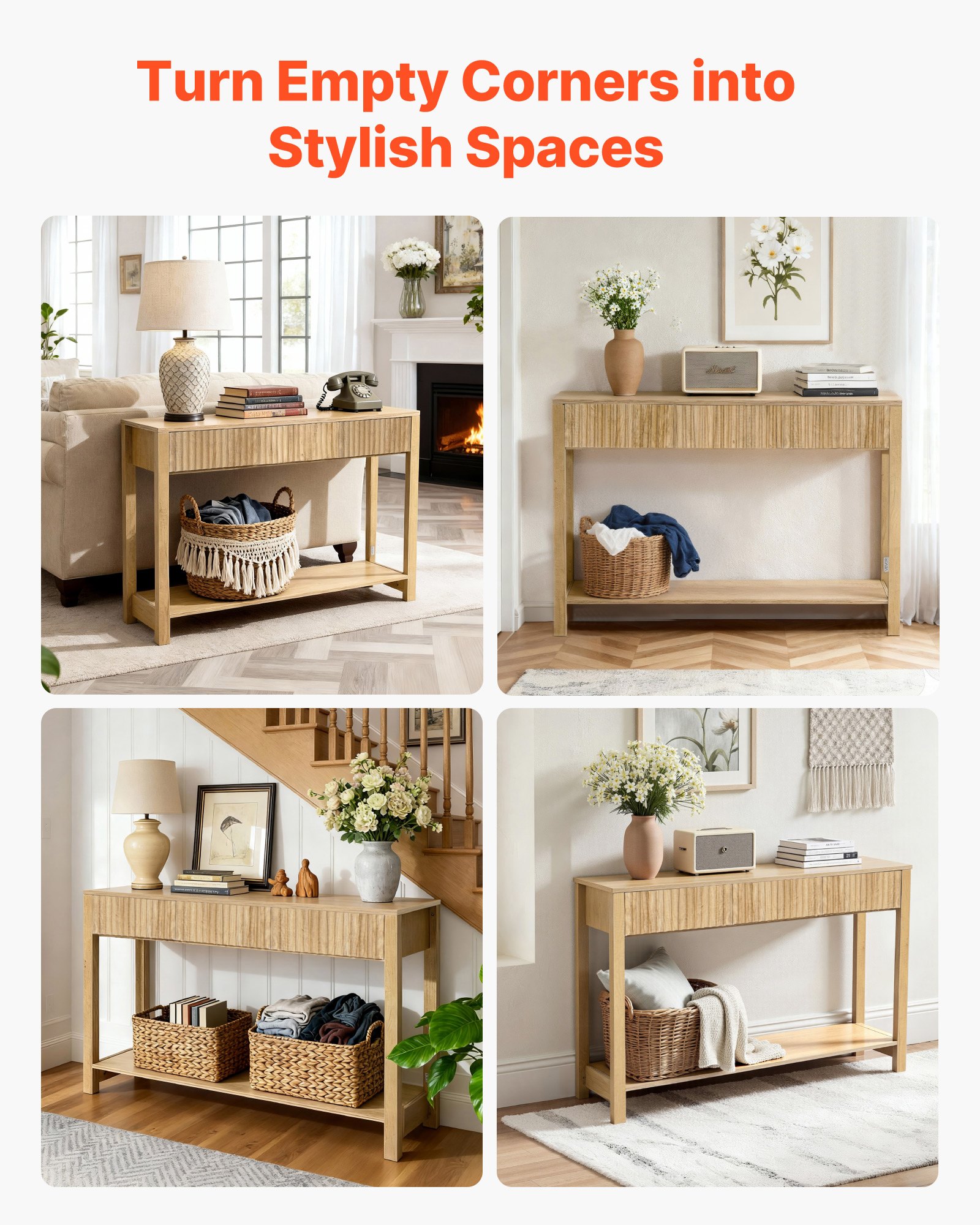 VEVOR Consoletafel/bijzettafel met lades en opbergvak, smalle rechthoekige entreetafel gemaakt van MDF + spaanplaat voor hal, slaapkamer, woonkamer, entree, gangtafel 120 x 30 x 80 cm Natuurlijk hout