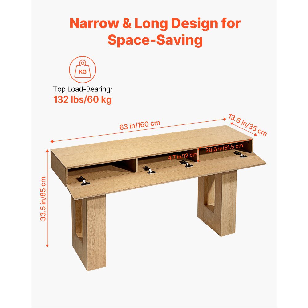 VEVOR Consoletafel/Salontafel (160 x 35 x 85 cm / L x B x H), smalle rechthoekige bijzettafel van spaanplaat voor hal, slaapkamer, woonkamer, entree, haltafel, bijzettafel, naturel hout