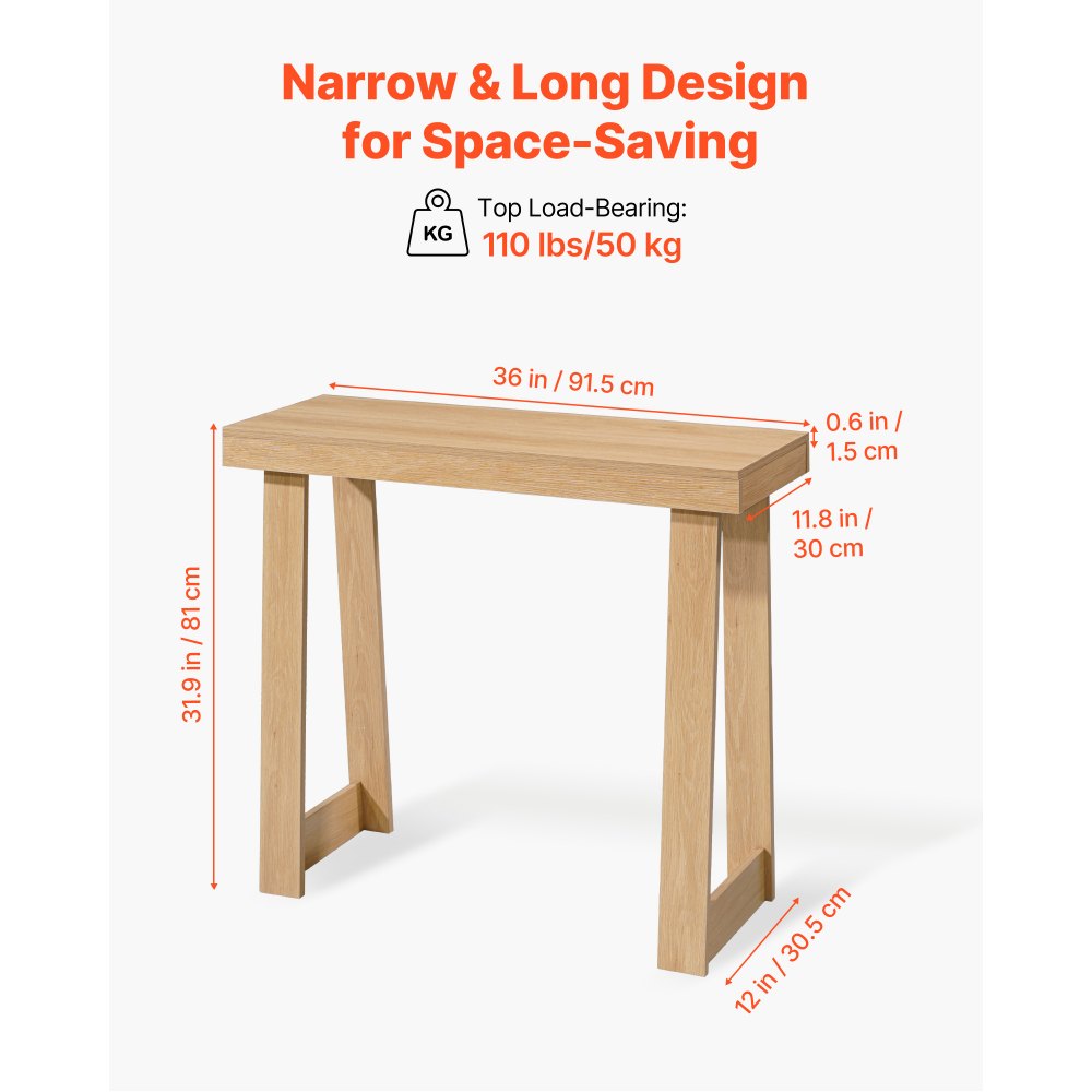VEVOR Consoletafel, bijzettafel achter de bank (91,5 x 30,5 x 81 cm / L x B x H), rechthoekige bijzettafel van meerlaags plaatmateriaal voor hal, slaapkamer, woonkamer, entree, moderne haltafel van natuurlijk hout