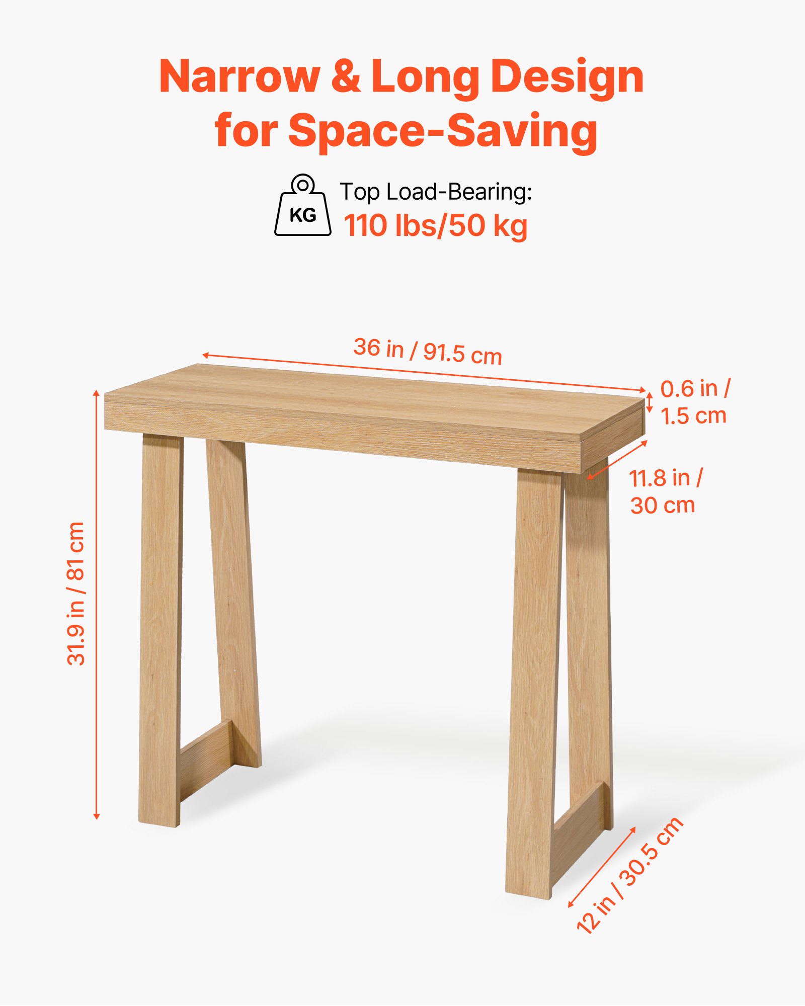 VEVOR Consoletafel, bijzettafel achter de bank (91,5 x 30,5 x 81 cm / L x B x H), rechthoekige bijzettafel van meerlaags plaatmateriaal voor hal, slaapkamer, woonkamer, entree, moderne haltafel van natuurlijk hout