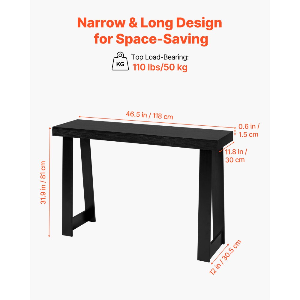 VEVOR Consoletafel, bijzettafel achter de bank (118 x 30,5 x 81 cm / L x B x H), rechthoekige bijzettafel van meerlaags plaatmateriaal voor hal, slaapkamer, woonkamer, entree, zwart