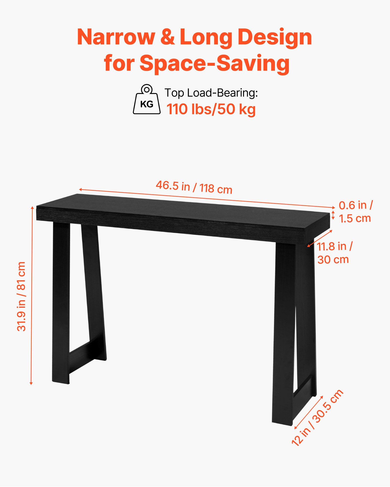 VEVOR Consoletafel, bijzettafel achter de bank (118 x 30,5 x 81 cm / L x B x H), rechthoekige bijzettafel van meerlaags plaatmateriaal voor hal, slaapkamer, woonkamer, entree, zwart