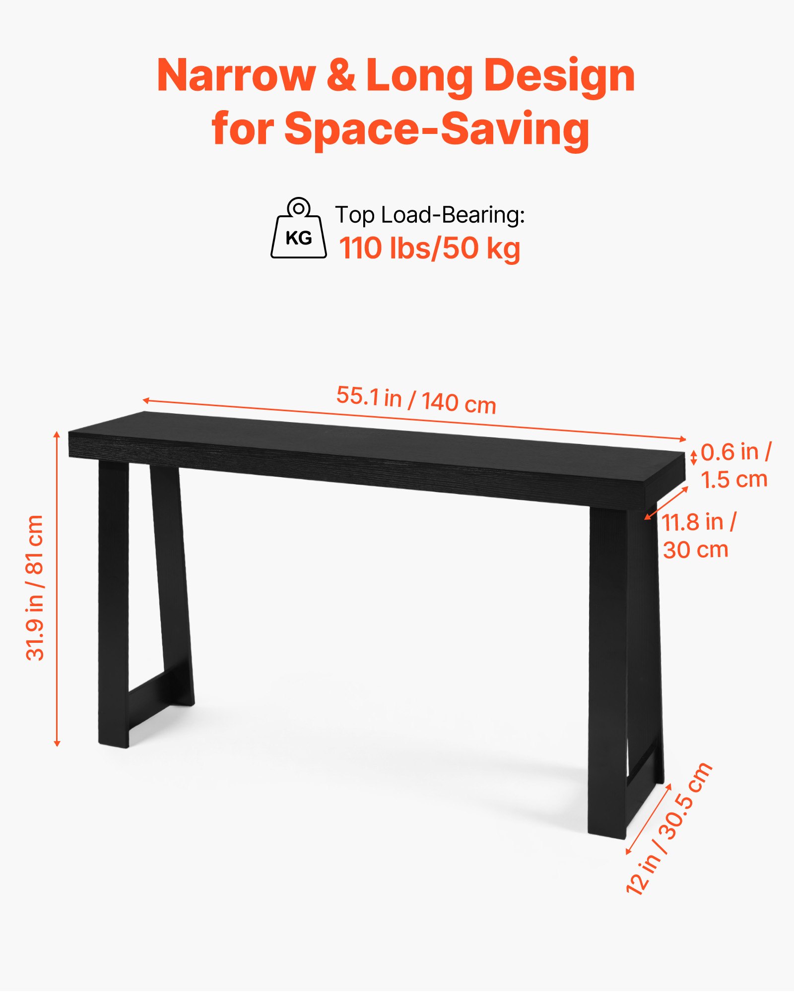 VEVOR Consoletafel, bijzettafel achter de bank (140 x 30,5 x 81 cm / L x B x H), rechthoekige bijzettafel van meerlaags plaatmateriaal voor hal, slaapkamer, woonkamer, entree, moderne zwarte haltafel