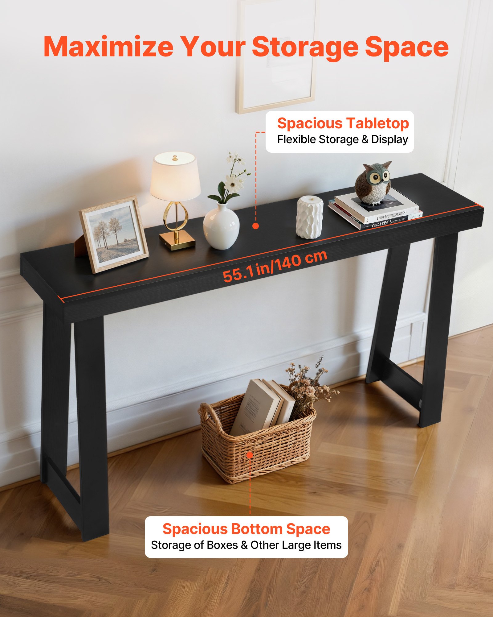 VEVOR Consoletafel, bijzettafel achter de bank (140 x 30,5 x 81 cm / L x B x H), rechthoekige bijzettafel van meerlaags plaatmateriaal voor hal, slaapkamer, woonkamer, entree, moderne zwarte haltafel