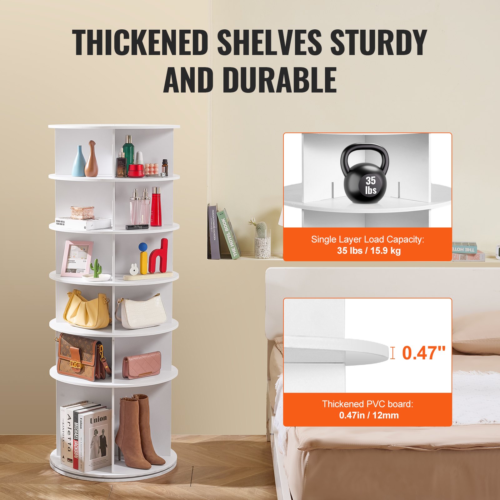 VEVOR Draaibaar schoenenrek, torenmodel, schoenenrek met 6 lagen, 360° draaibaar schoenenrek, Lazy Susan schoenenrek, ideaal voor de hal, slaapkamer, woonkamer, wit