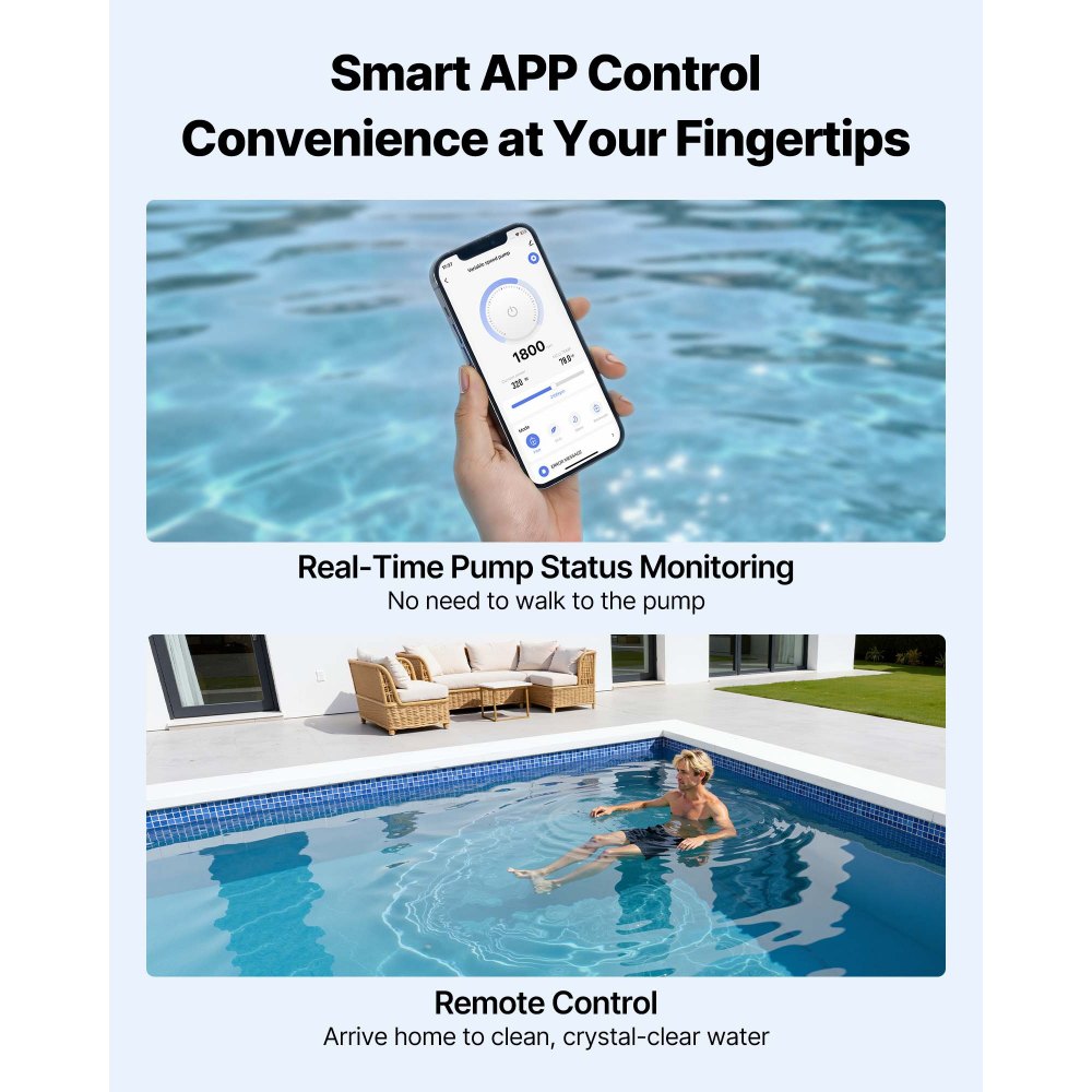 VEVOR Variable Speed Pool Pump, 1350W, AC 220-240V, 30,000 L/H, In/Above Swimming Pool Pump with Filter Basket, Powerful Self Priming, Programmable Timer, for Inground and Above Ground Swimming Pool