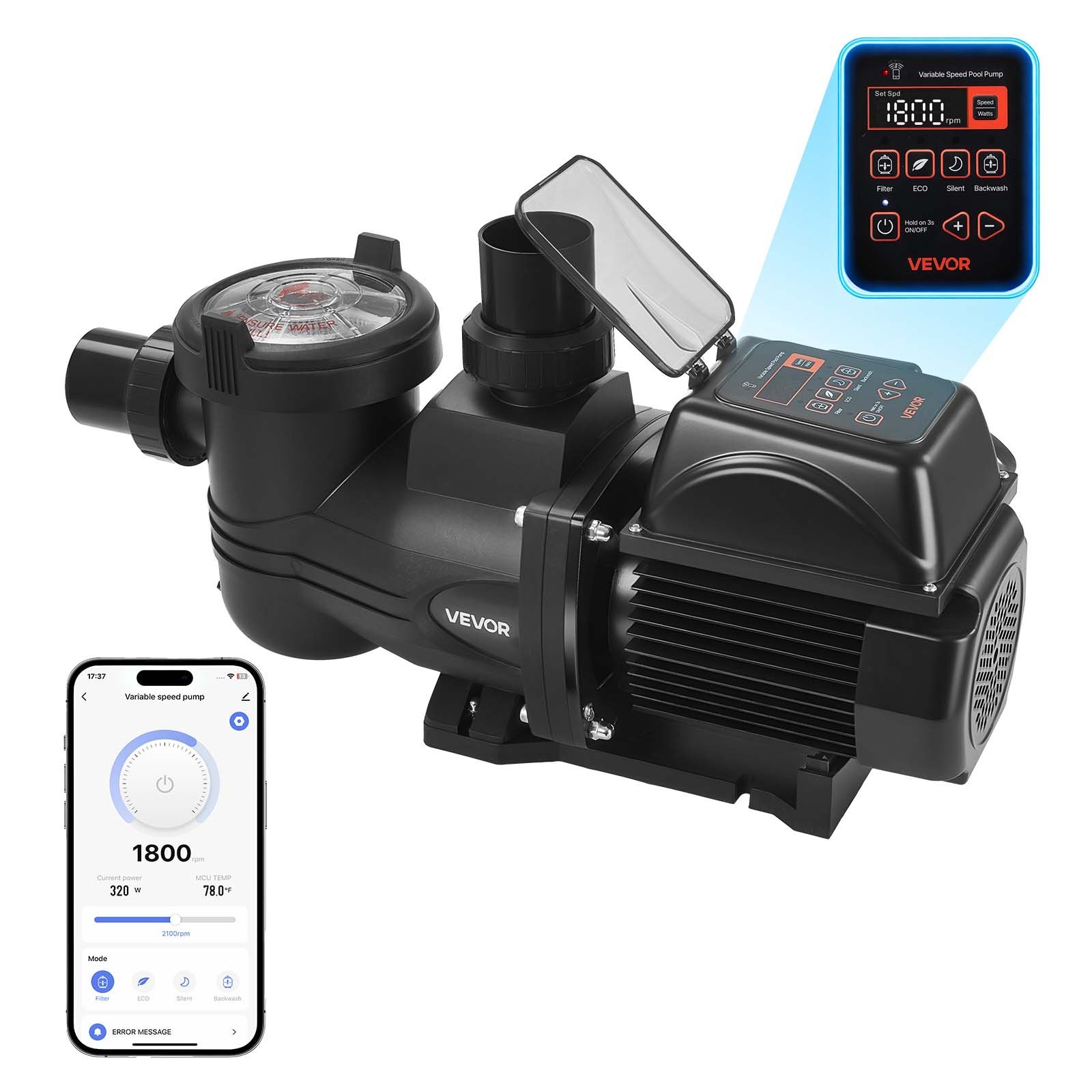 VEVOR Variable Speed Pool Pump, 1350W, AC 220-240V, 30,000 L/H, In/Above Swimming Pool Pump with Filter Basket, Powerful Self Priming, Programmable Timer, for Inground and Above Ground Swimming Pool