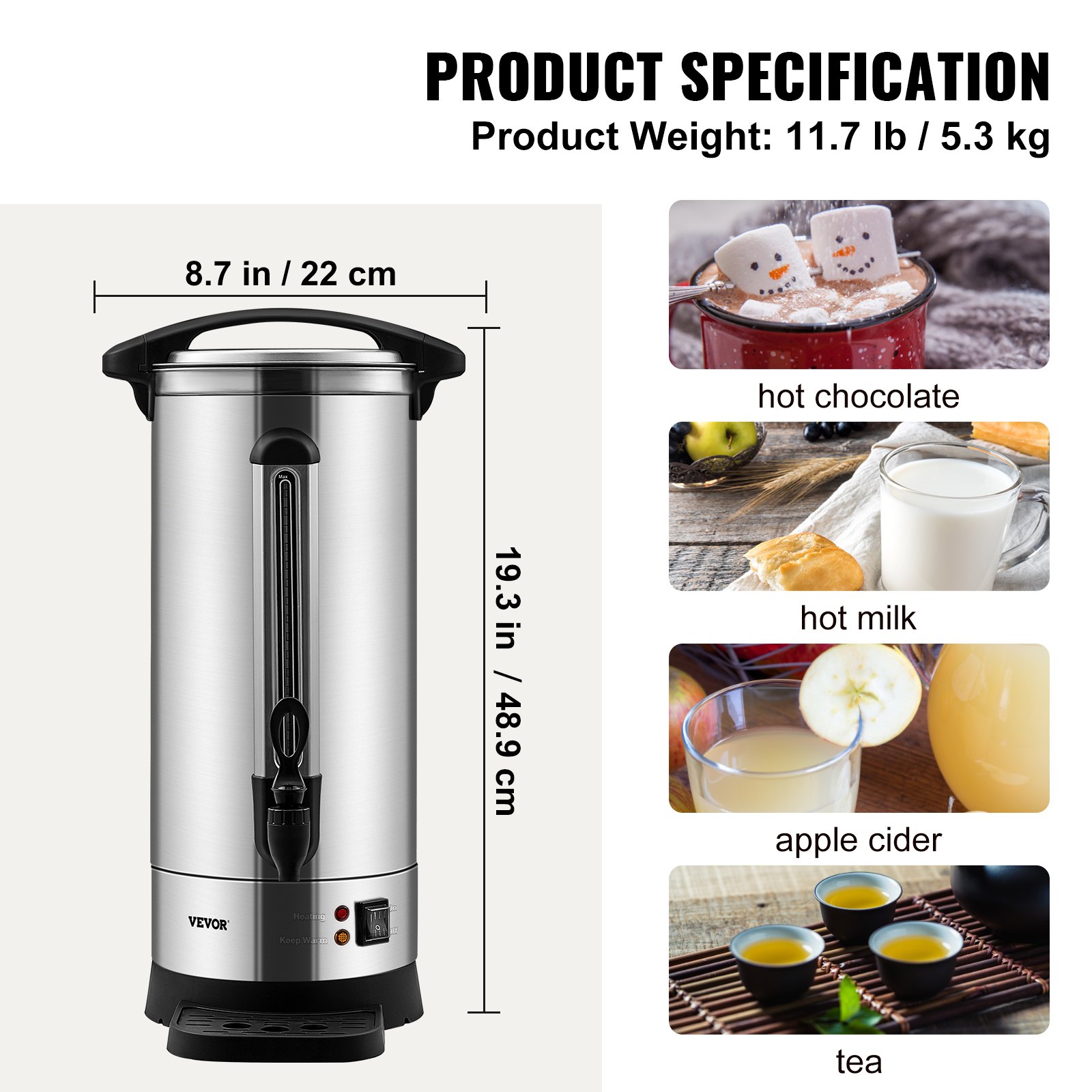 VEVOR Commerciële Warme Drankendispenser Koffie Warmwaterdispenser 110 Kopjes, 1500W Warmhoudcontainer Warmwaterdispenser 16,4L Warmhoudcontainer Sapemmer voor Kantoor, Feesten, Café, Picknicks etc.
