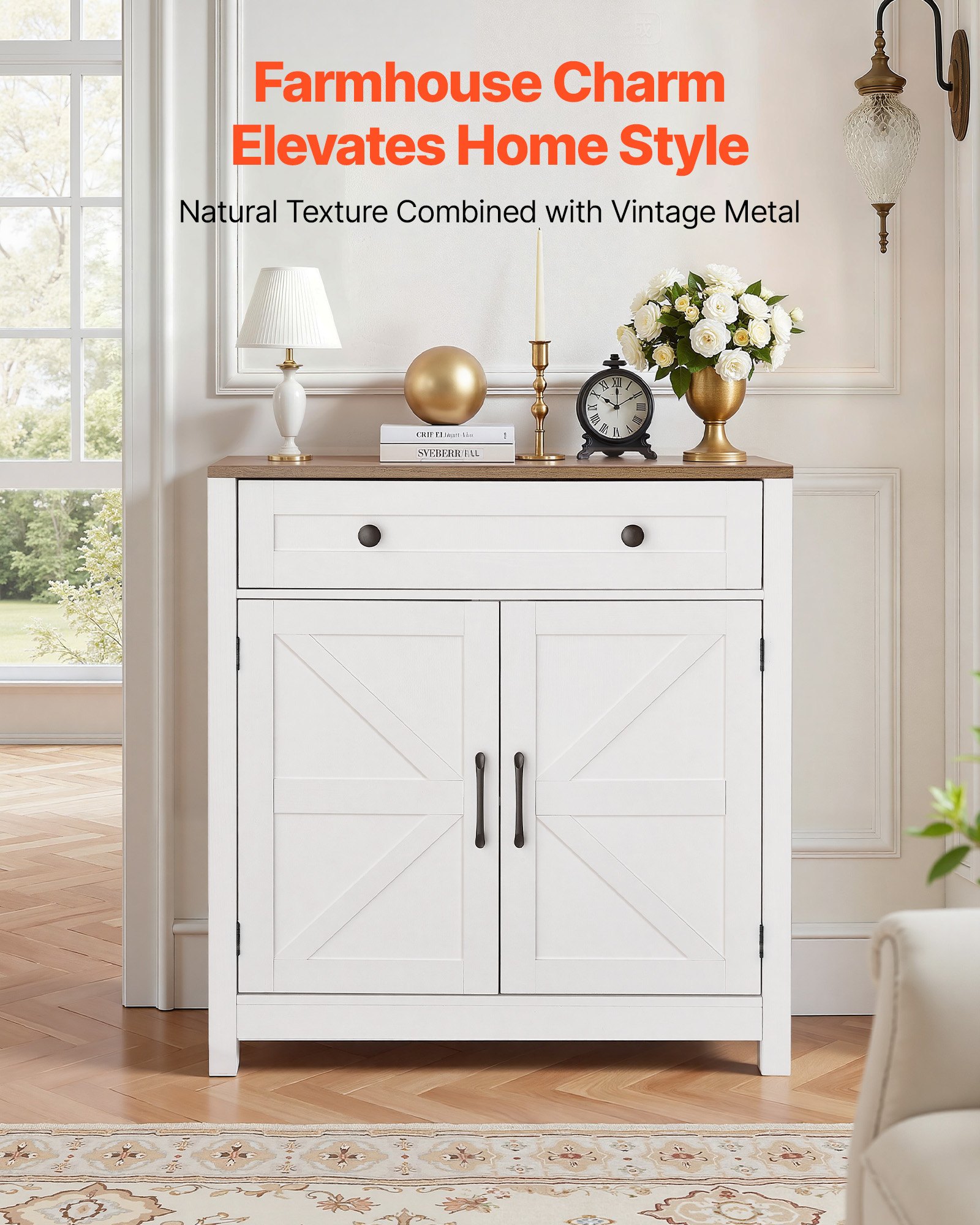 VEVOR Coffee Bar Cabinet, Farmhouse Coffee Bar Table with Drawer, Buffet Stand Cabinet with 2 Barn Door, Sideboard Buffet Station for Living Room, Entryway, Kitchen, 75 x 37.5 x 80 cm, White