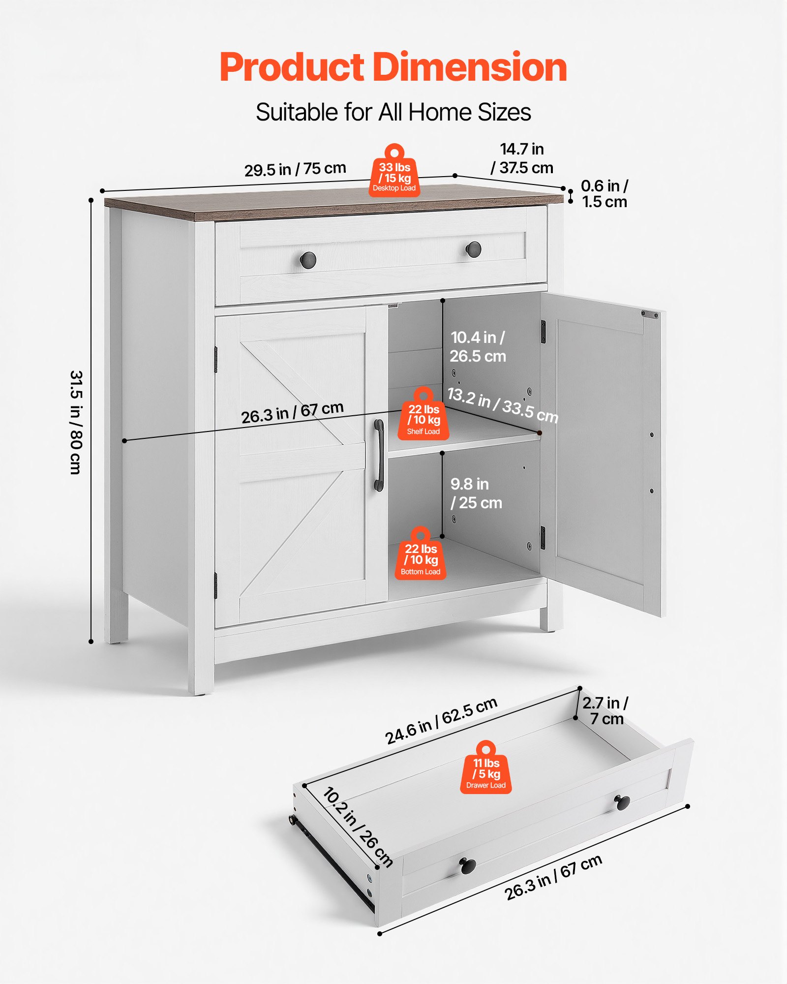 VEVOR Dressoir Keukenkast met Laden, Buffetkast Landelijke Stijl voor Woonkamer, Hal, Keuken, Opbergkast 75 x 37,5 x 80 cm Keukenbuffetkast Wit + Bruin