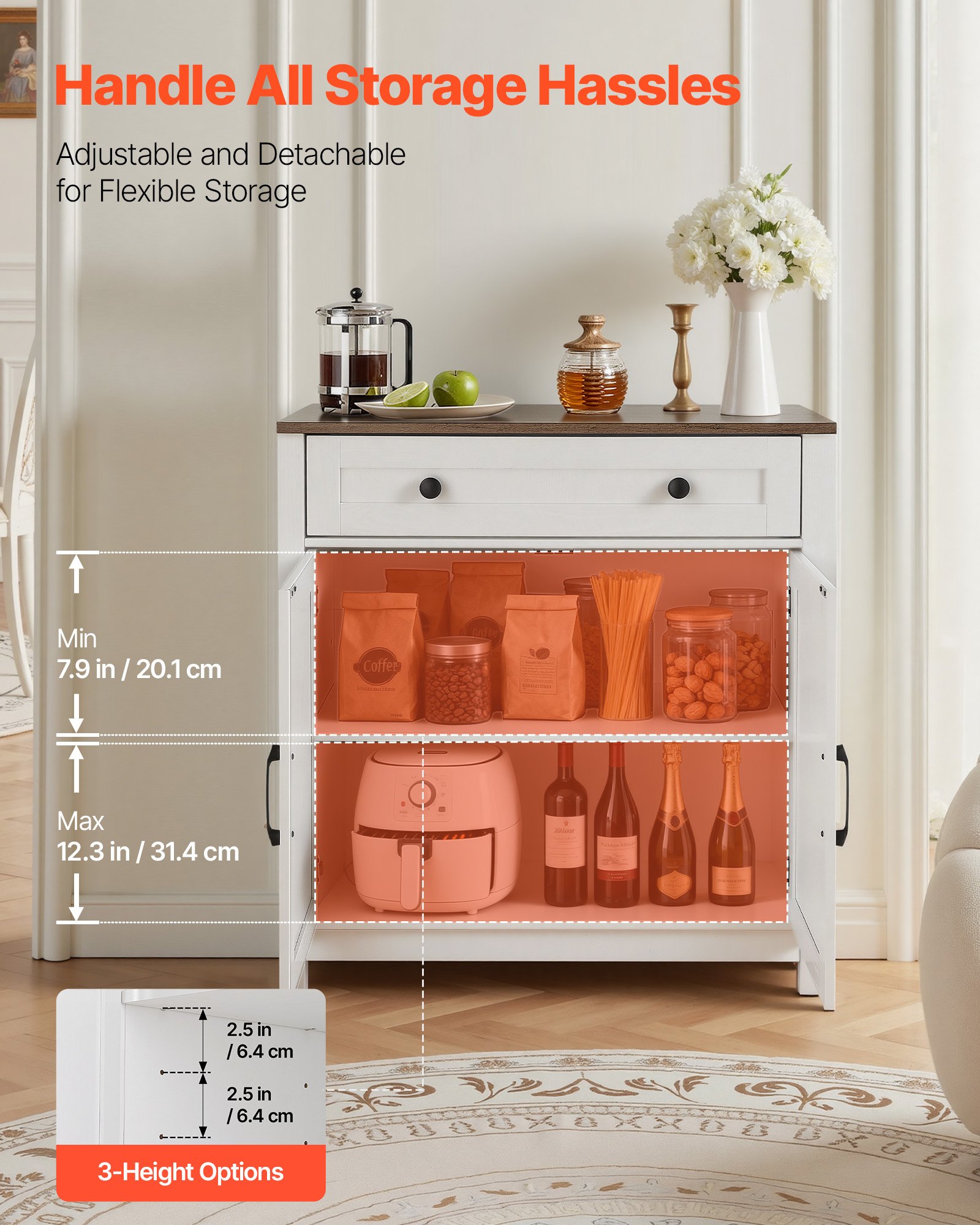 VEVOR Dressoir Keukenkast met Laden, Buffetkast Landelijke Stijl voor Woonkamer, Hal, Keuken, Opbergkast 75 x 37,5 x 80 cm Keukenbuffetkast Wit + Bruin